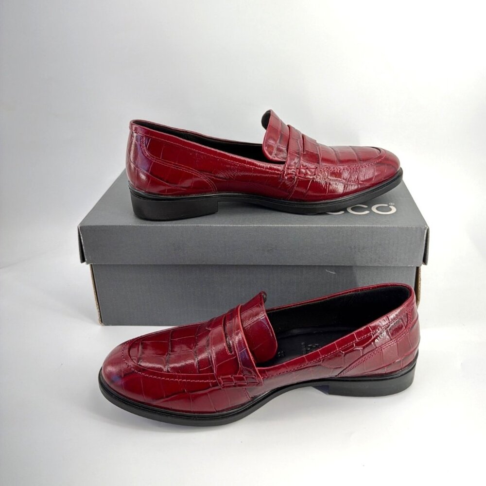 ECCO Crocodile Embossed Penny Loafers Chunky Heel Red Leather Women Size 38 - Picture 3 of 8